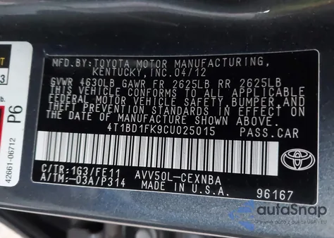 2012 Toyota Camry Hybrid Le из США, поврежденный, VIN 4T1BD1FK9CU025015